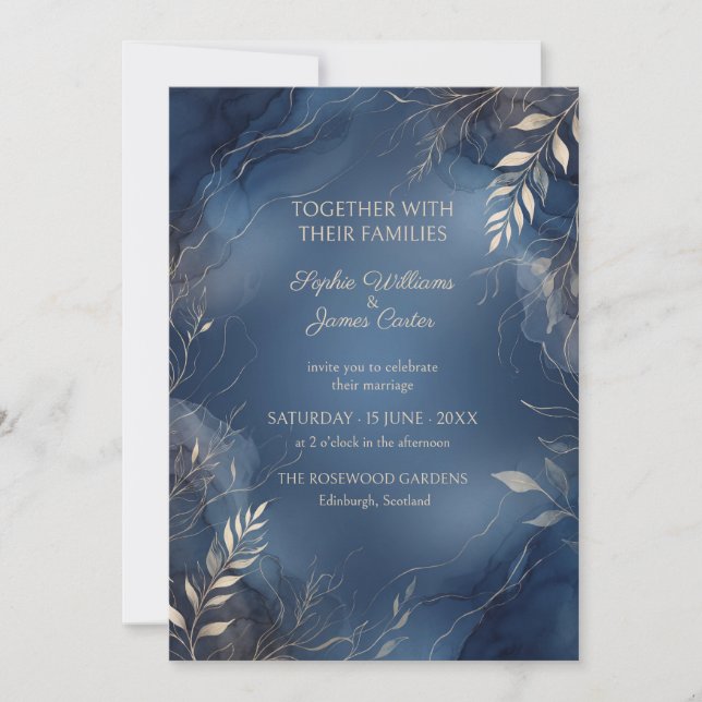 Navy Blue Gold Leaf Wedding Invitation (Front)