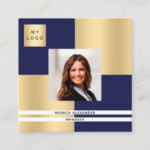 Navy blue gold logo photo QR code Square Business Card