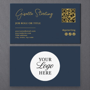 Navy Blue Gold Logo QR Code Professional Company  Business Card