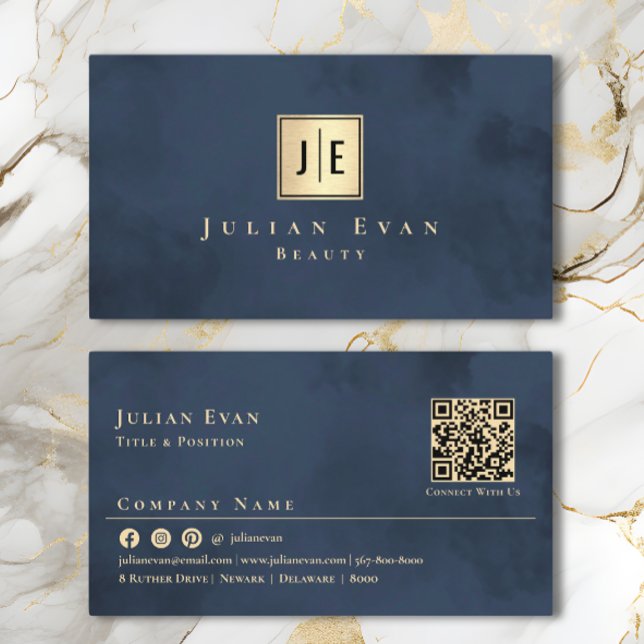 Navy Blue Gold Luxury Monogram Business Card (Creator Uploaded)