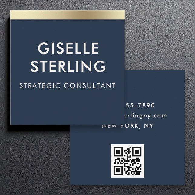 Navy Blue Gold Luxury QR Code Minimal Typography  Square Business Card (Creator Uploaded)