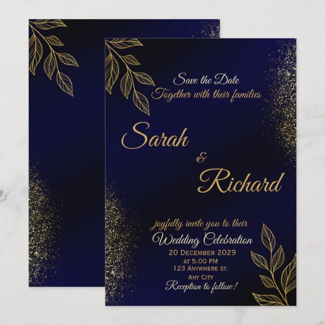 Navy Blue Gold Luxury Wedding Invitation (Front/Back)