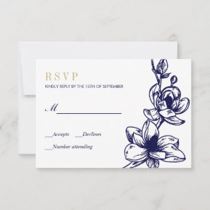 Navy Blue Gold Magnolia Flowers Bloom Wedding RSVP Card