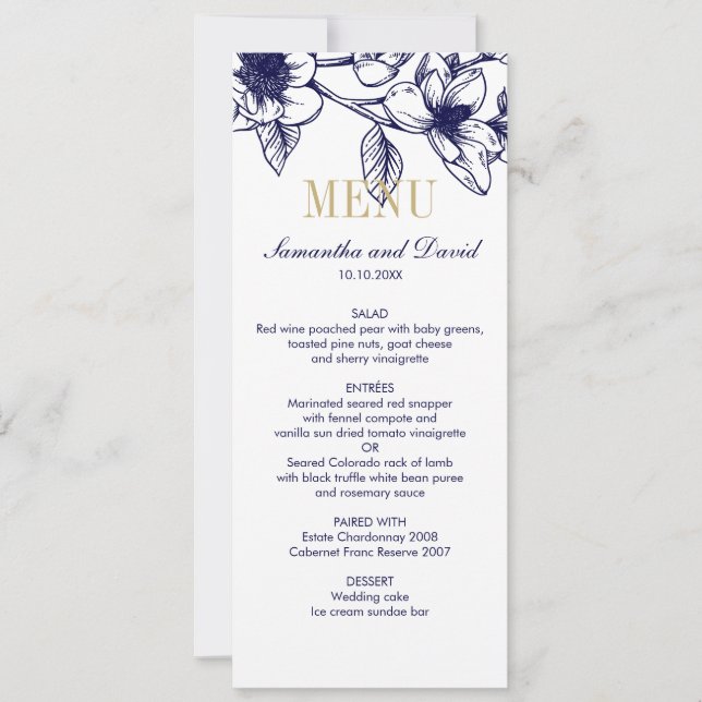 Navy Blue Gold Magnolia Flowers Wedding Dinner Invitation (Front)