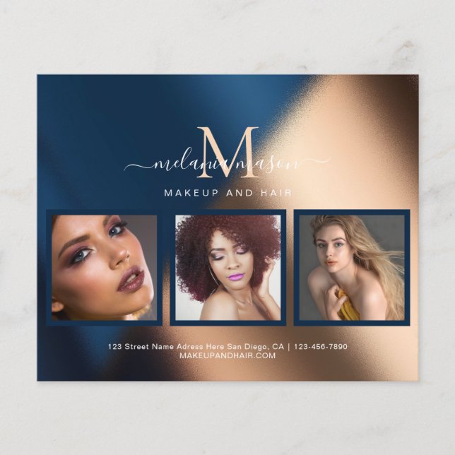 Navy Blue Gold Makeup Artist Salon Photo Elegant Flyer (Front)