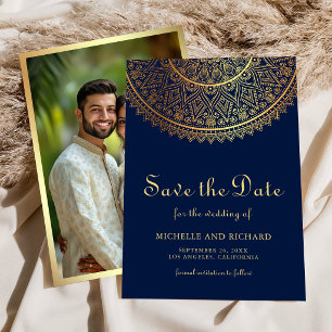 Navy Blue Gold Mandala Indian Wedding Photo Save The Date
