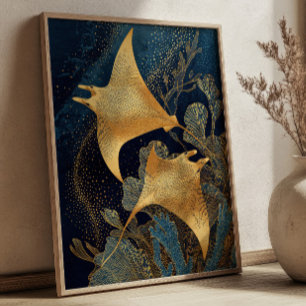 Navy Blue& Gold Manta Rays Elegant Kintsugi Art Poster