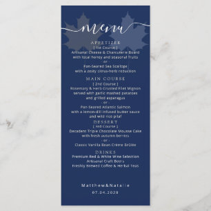 Navy Blue Gold Maple Leaf Elegant Wedding Boho Menu