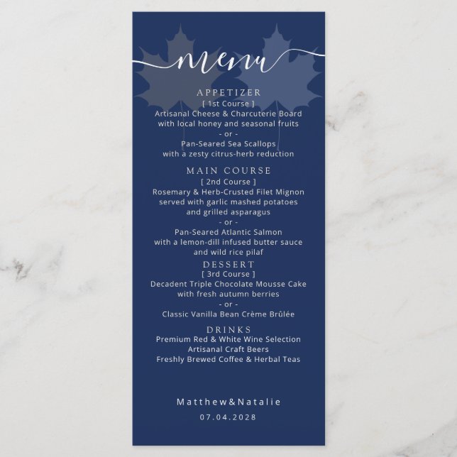 Navy Blue Gold Maple Leaf Elegant Wedding Boho Menu (Front)