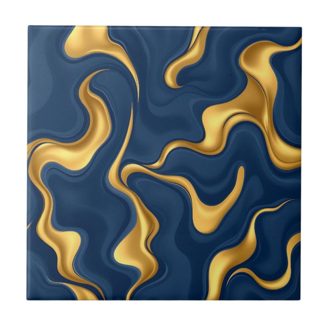 Navy Blue Gold Marble Abstract Luxury Swirl Tile (Front)