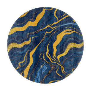 Navy Blue Gold Marble Abstract Luxury Topographic Cutting Board