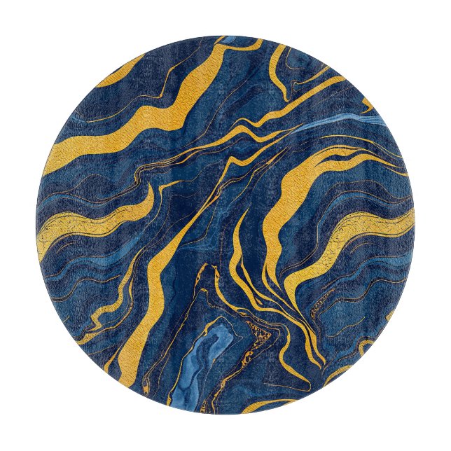 Navy Blue Gold Marble Abstract Luxury Topographic  Cutting Board (Front)