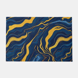 Navy Blue Gold Marble Abstract Luxury Topographic  Doormat