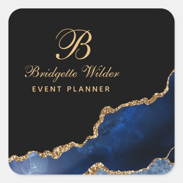 Navy Blue Gold Marble Agate Event Planner Square Sticker (Front)