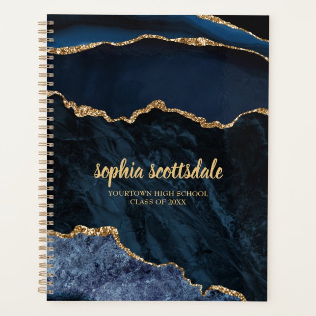 Navy Blue Gold Marble Agate Name  Planner (Front)