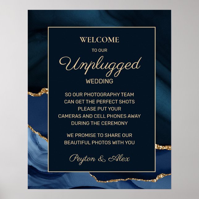 Navy Blue Gold Marble Agate Unplugged Wedding Poster (Front)