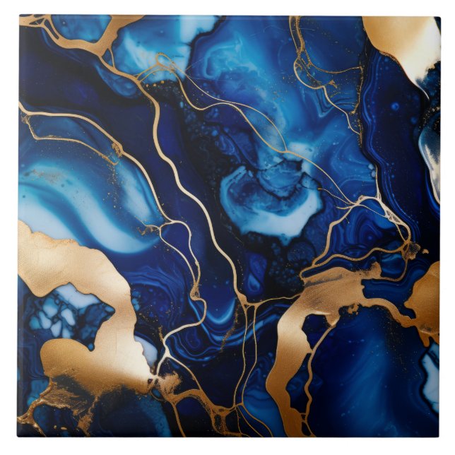 Navy Blue Gold Marble Alcohol Ink Abstract Tile (Front)