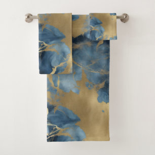 Navy Blue Gold Marble Bath Towel Set