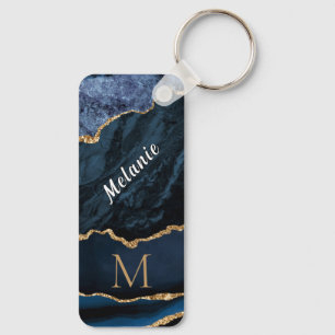 Navy Blue Gold Marble Custom Letter Name Keychain