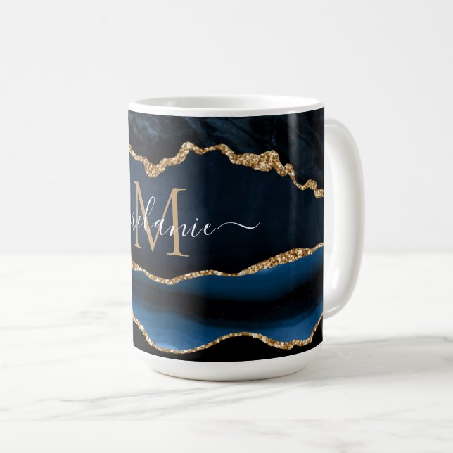Navy Blue Gold Marble Custom Letter Name Mug Gift (Front Right)
