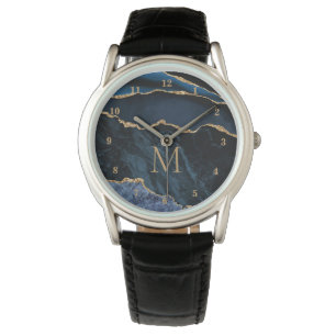 Navy Blue Gold Marble Custom Letter Watch Gift