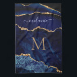 Navy Blue Gold Marble Custom Name Kitchen Towel<br><div class="desc">Kitchen Towels with Monogram Name Agate Navy Blue Gold Gemstone Marble Geode Glitter Sparkle Personalised Birthday - Anniversary or Wedding Gift / Suppliest - Add Your Letter / Name - Text or Remove - Make Your Special Kitchen Towel Gift - Resize and move or remove and add text / elements...</div>
