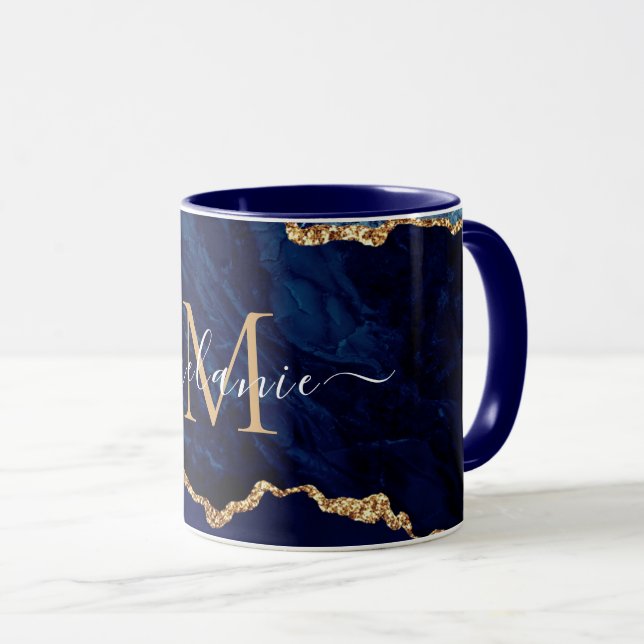 Navy Blue Gold Marble Custom Your Letter Name Mug (Front Right)