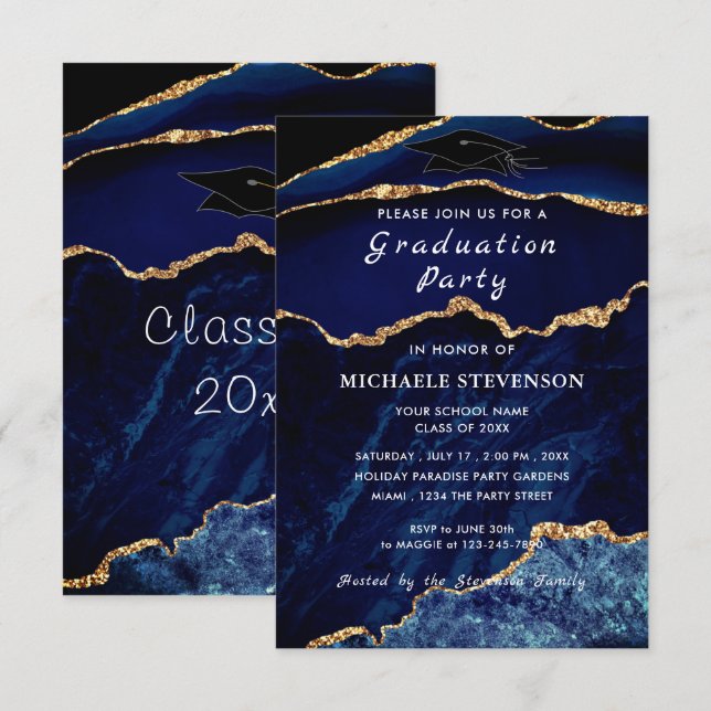 Navy Blue Gold Marble Graduation Invitation (Front/Back)