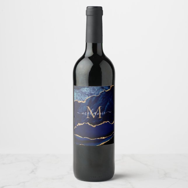 Navy Blue Gold Marble Monogram Name Bottle Labels (Front)