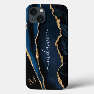 Navy Blue Gold Marble Monogram Name iPhone Case