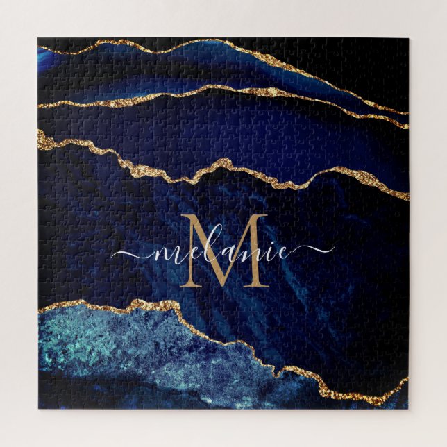 Navy Blue Gold Marble Monogram Name Puzzle Gift (Vertical)