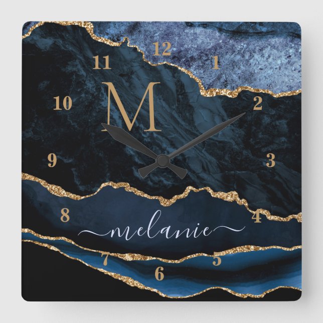 Navy Blue Gold Marble Monogram Your Name Clock (Front)