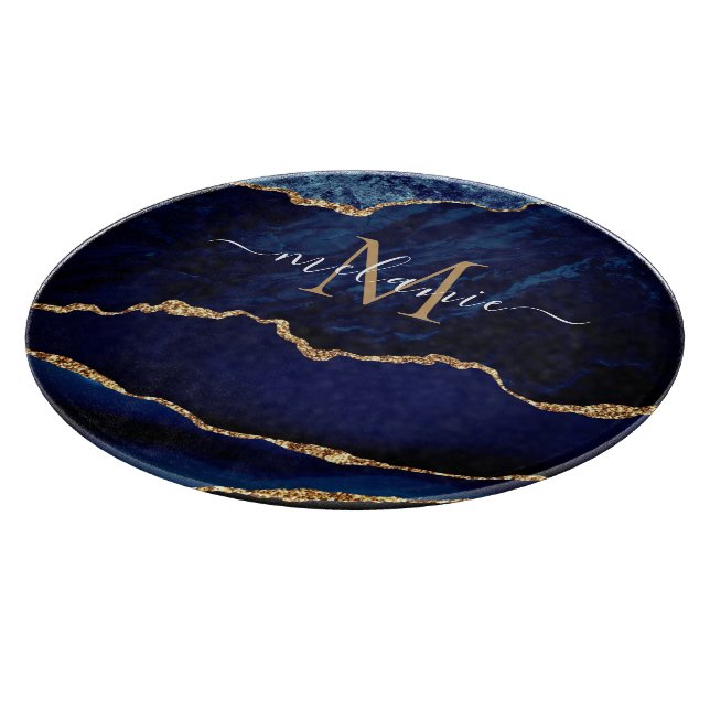 Navy Blue Gold Marble Name Letter Cutting Board (Corner)