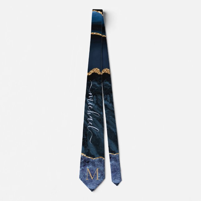 Navy Blue Gold Marble Neck Tie Your Name Letter (Front)