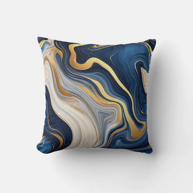 Navy Blue Gold Marble Swirls Cushion (Front)