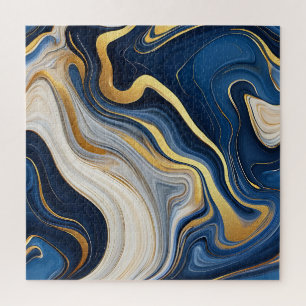 Navy Blue Gold Marble Swirls Jigsaw Puzzle