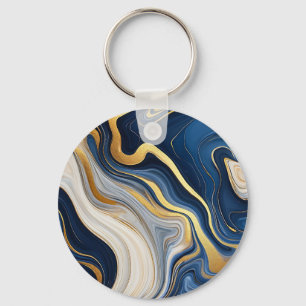 Navy Blue Gold Marble Swirls Key Ring