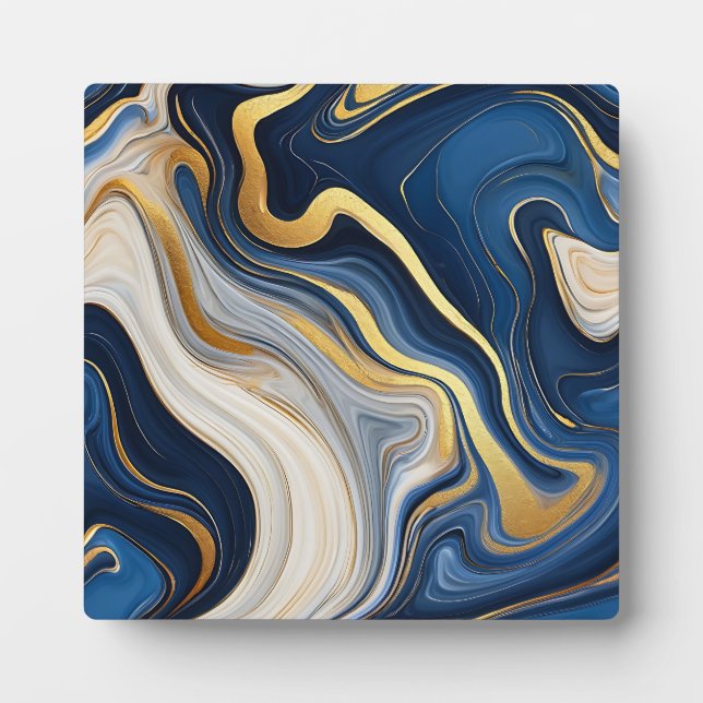 Navy Blue Gold Marble Swirls Plaque (Front)
