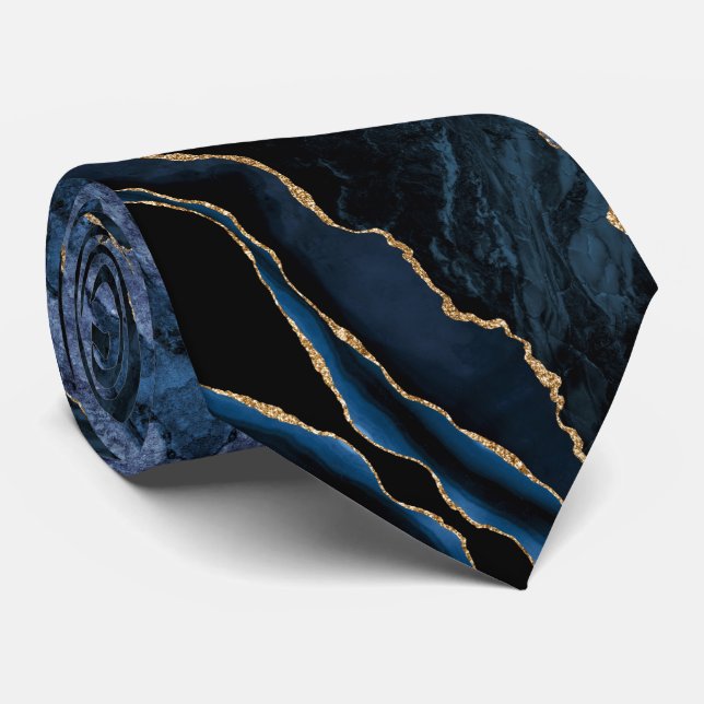 Navy Blue Gold Marble Tie (Rolled)