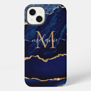 Navy Blue Gold Marble Your Letter Name iPhone Case