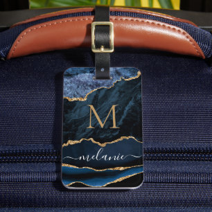 Navy Blue Gold Marble Your Letter Name Luggage Tag
