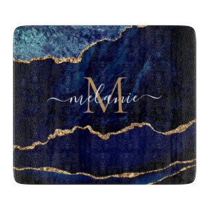 Navy Blue Gold Marble Your Name Cutting Board
