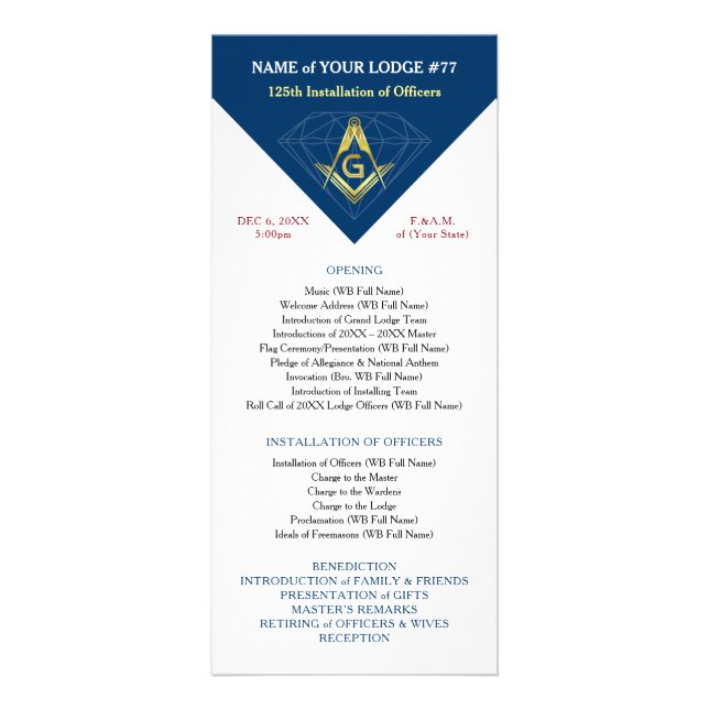 Navy Blue Gold Masonic Installation Template Cards (Front)