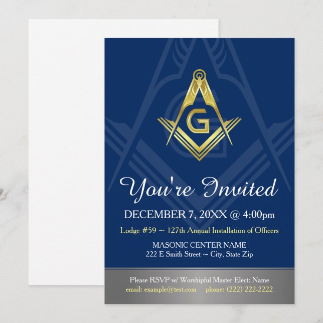 Navy Blue Gold Masonic Invitations | Freemasonry (Front/Back)