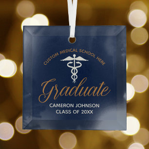Navy Blue Gold Medical School Graduation Gift Glass Tree Decoration