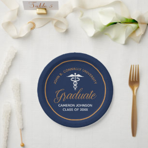 Navy Blue Gold Medical School Graduation Party Paper Plate