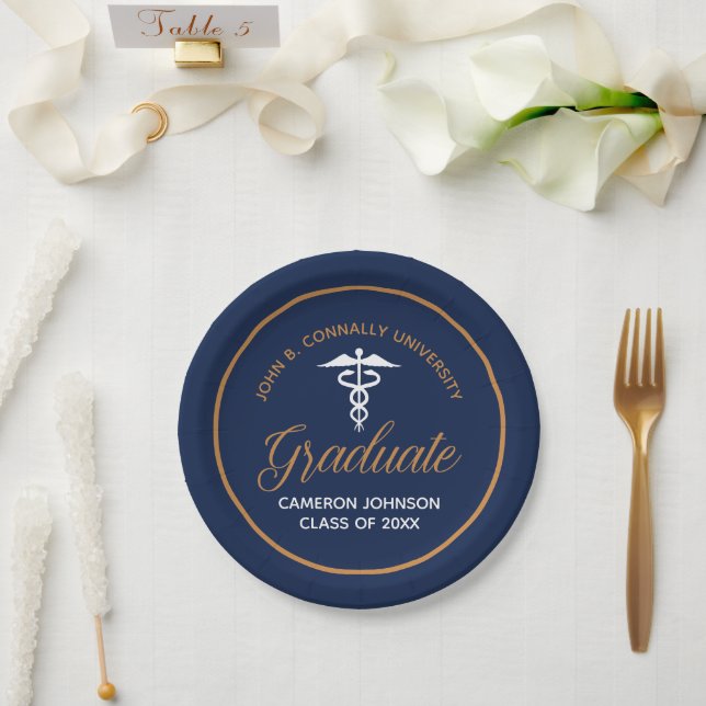 Navy Blue Gold Medical School Graduation Party Paper Plate (Wedding)