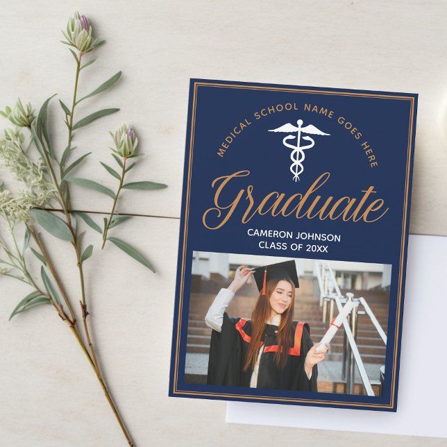 Navy Blue Gold Medical School Photo Graduation Announcement (Creator Uploaded)