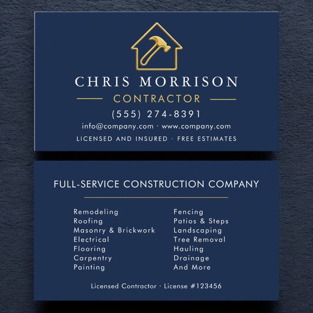 Navy Blue Gold Metallic Building Construction  Business Card (Creator Uploaded)
