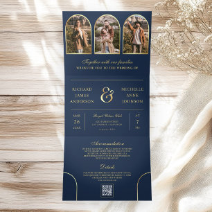 Navy Blue Gold Minimal Arch Photo QR code Wedding Tri-Fold Invitation